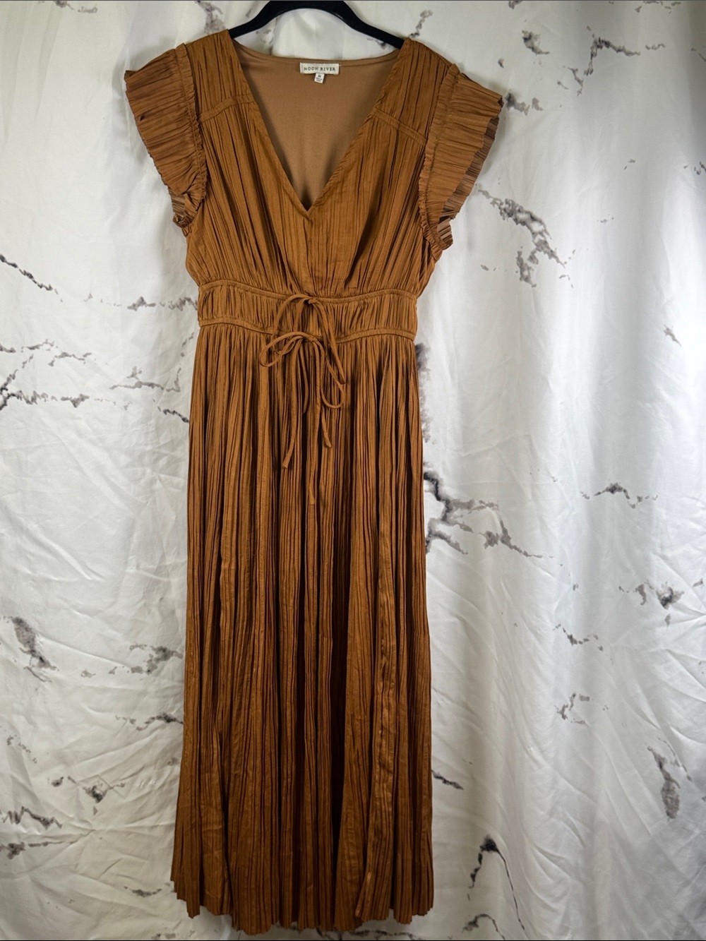 Moon River Pleated Midi Dress Double Tie Waist V-Neck Cap Sleeves Lined Romantic